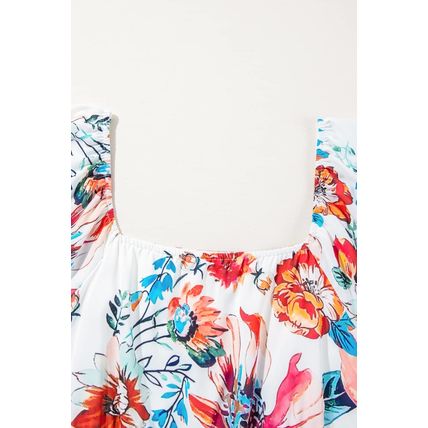 White Floral Square Neck Puff Sleeve Flowy Plus Size Midi Dress