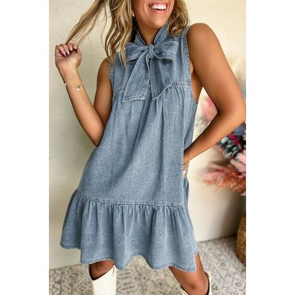 Real Teal Bowknot Neck Sleeveless Ruffled Chambray Dress
