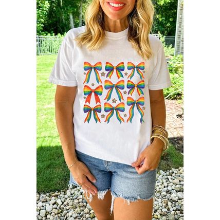 White Pride Bow Starry Print Cotton Blend T Shirt