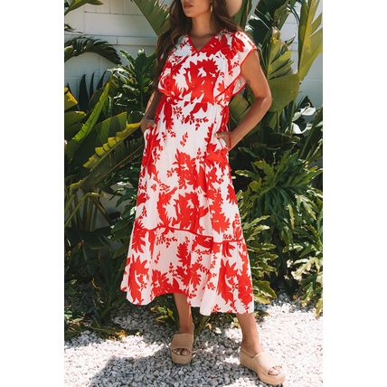 Red Floral Print Trimmed V Neck Ruffle Sleeve Long Dress