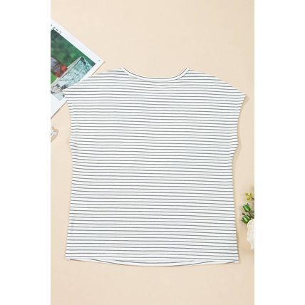 White Stripe Cap Sleeve Crew Neck Casual Tee with Chest Pocket