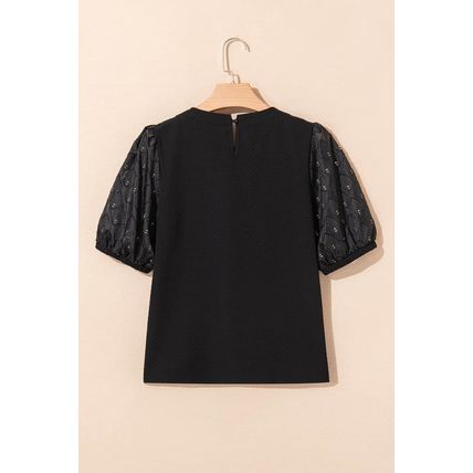 Black Feather Bubble Sleeve Patchwork Textured Blouse