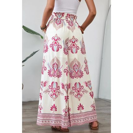 Rose Boho Printed Shirred High Waist Flowy Wide Leg Pants