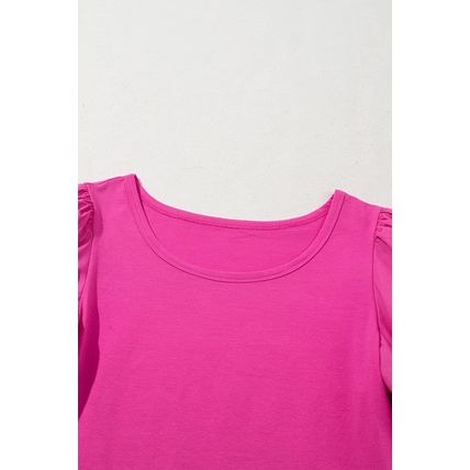 Strawberry Pink Casual Round Neck Bubble Sleeve T-shirt