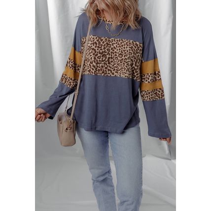 Dark Blue Leopard Colorblock Patchwork Long Sleeve Drop Shoulder Top