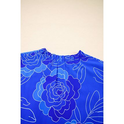 Blue Floral Ruffled Hem V Neck Short Sleeve Flowy Mini Dress