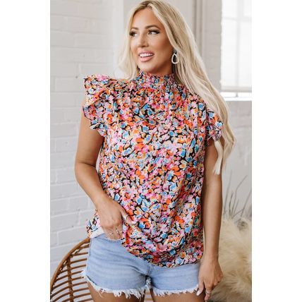 Orange Floral Print Flutter Sleeve Blouse Top