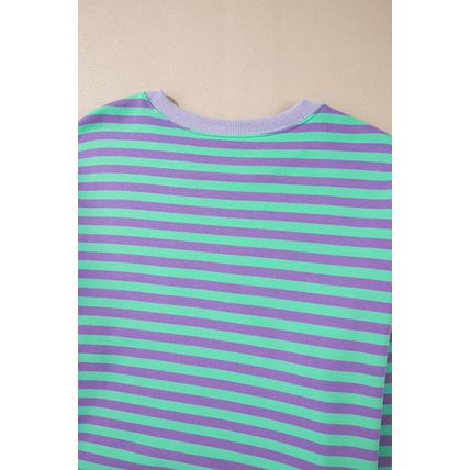 Blue Stripe Contrast Ribbed Trim Crossed Stitch Drop Shoulder Sweatshirt