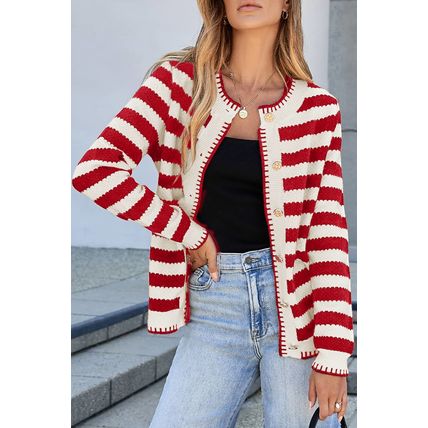 Red Stripe Chic Golden Button Cardigan Sweater