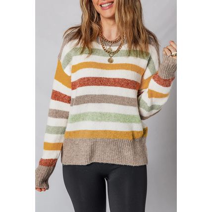Multicolour Stripe Drop Shoulder Crew Neck Sweater