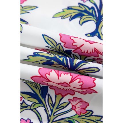 White Floral Colorblock Stripe Knot Bubble Sleeve V Neck Blouse