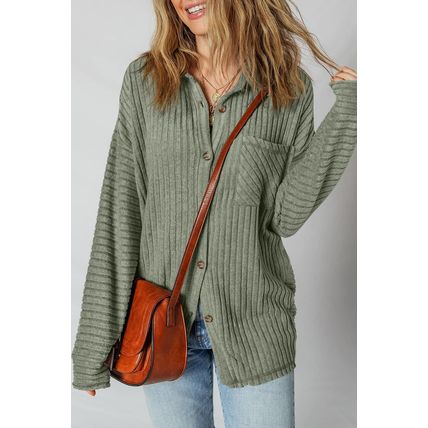 Mist Green Thermal Ribbed Texture Drop Shoulder Button Up Shacket