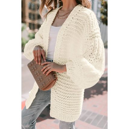 White Chunky Oversize Knit Drop Shoulder Puff Sleeve Cardigan