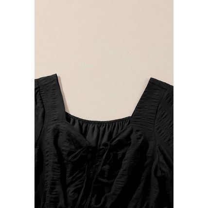 Black Lace-up Ruched Front Long Sleeve Ruffle Hem Plus Size Midi Dress