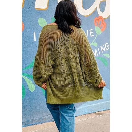 Spinach Green Oversize Crochet Knit Open Cardigan