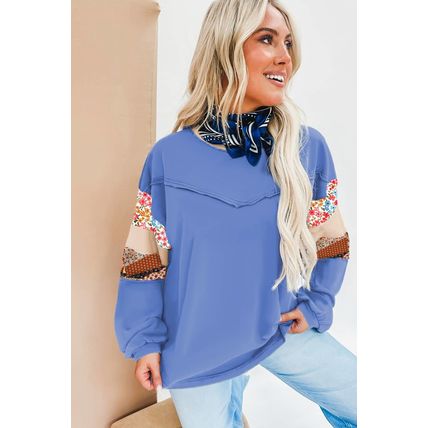 Blue Exposed Seam Floral Mixed Patchwork Relaxed Plus Size Top
