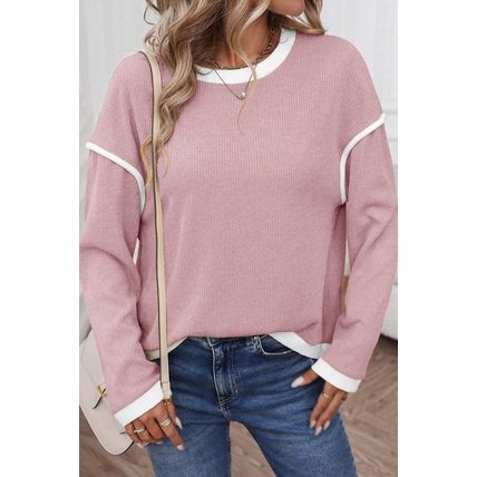 Light Pink Contrast Color Trim Knit Drop Shoulder Loose Top