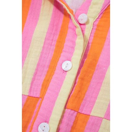 Pink Stripe Crinkled Half Buttons V Neck Plus Size Blouse