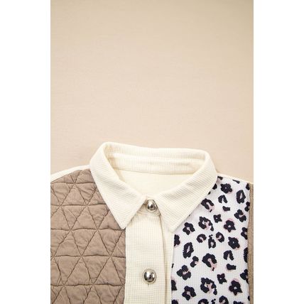 Khaki Leopard Waffle Quilted Patchwork Button Front Jacket