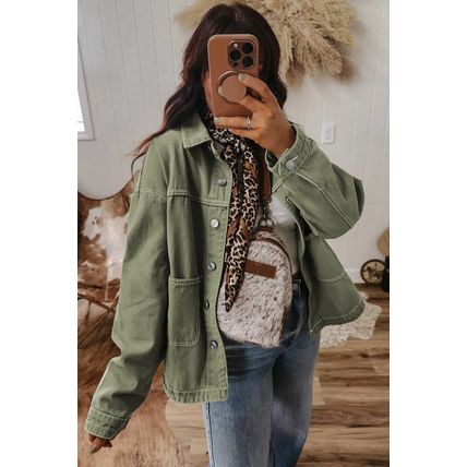 Smoke Green Patched Pocket Collared Button Front Boyfriend Denim Jacket