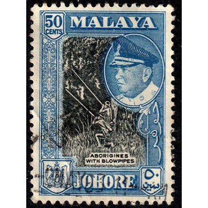 Malaya Johore 1960 Sultan Ibrahim Aborigines with Blowpipes 50c Used. Stamp