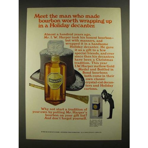 1970 I.W. Harper Bourbon Ad - Wrapping Up in a Holiday Decanter