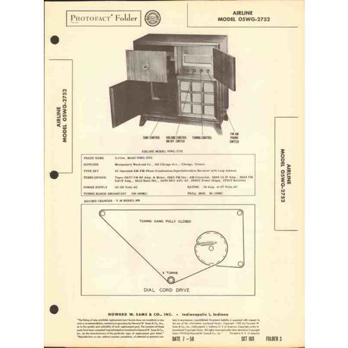 AIRLINE model 05WG-2752 7 tube AM FM radio phono Sams Photofact manual
