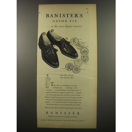 1955 Banister Shoes Ad - Banister's Gator Tie ..in the most elegant manner