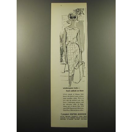 1959 Saks Fifth Avenue Fashion Ad - Windowpane tucks - fresh outlook on Linen