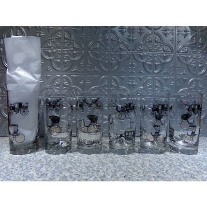 Vintage Antique Cars Black & Gold Collins Glasses (6) Libbey EUC