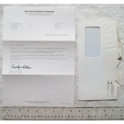 1980/90s Benson & Hedges Sunglasses Offer letter