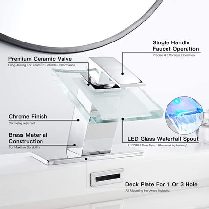 Bathroom Sink Faucet LED Light 3 Colors Changing Waterfall Glass Spout Hot Cold
