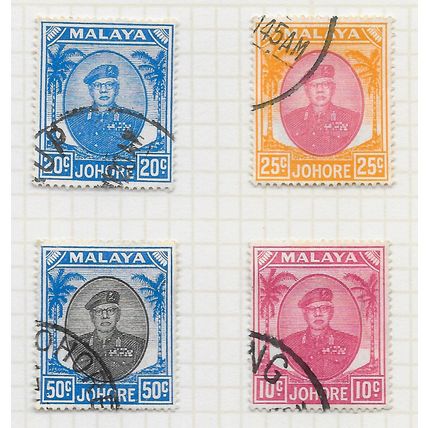 JOHORE SULTAN SIR IBRAHIM MALAYA 1949 4 STAMP LOT SG141a 142 144 139 SG USED