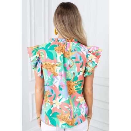 Green Frilly Ruffle Tie Split Neck Summer Floral Blouse
