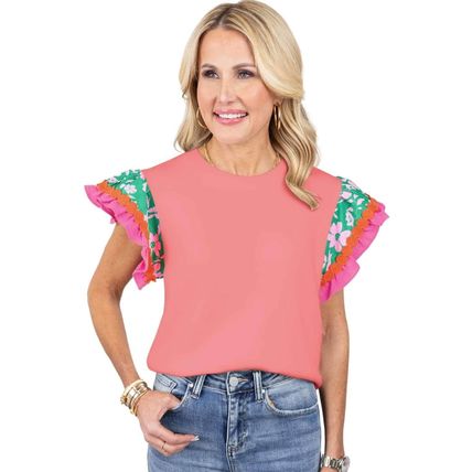Peach Blossom Contrast Ricrac Floral Sleeve Top