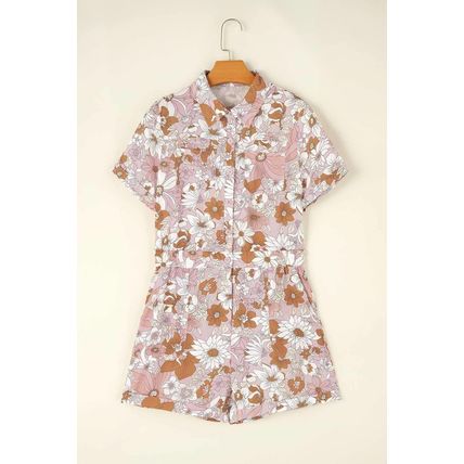Pink Floral Short Sleeve Collared Button Front Romper