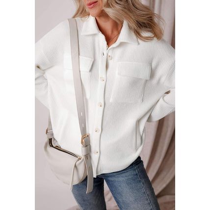 White Solid Color Corduroy Buttoned Long Sleeve Shacket