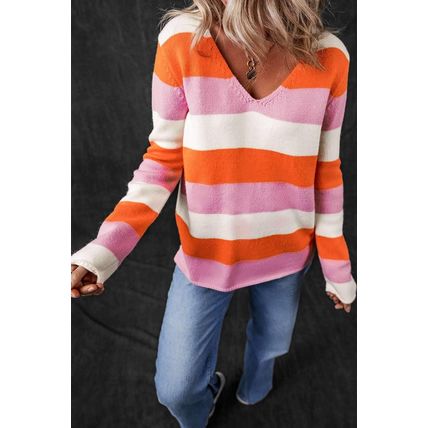 Orange Stripe Colorblock V Neck Casual Sweater