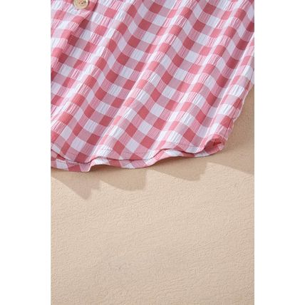 Pink Gingham Print Chest Pockets Buttoned Collared Shirt