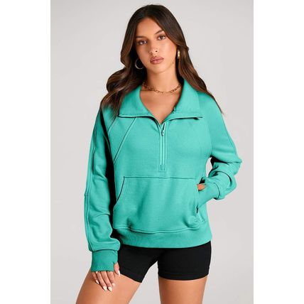 Aruba Blue Quarter Zip Stand Neck Kangaroo Pocket Sweatshirt
