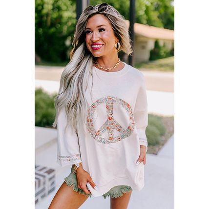 Jet Stream Floral Peace Sign Graphic Drop Shoulder Wide Sleeve Casual Top
