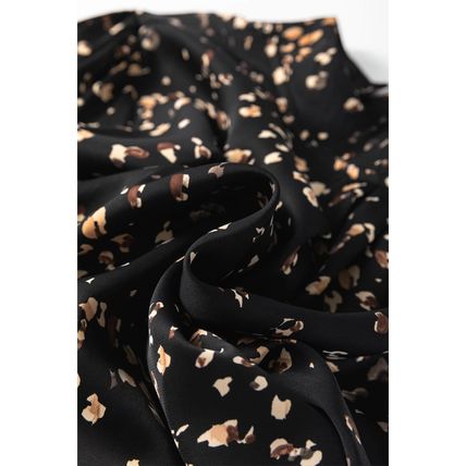 Black Leopard Print Lantern Sleeve Mock Neck Pleated Blouse