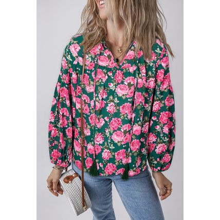 Green Floral Printed Tied Collar Puff Sleeve Blouse