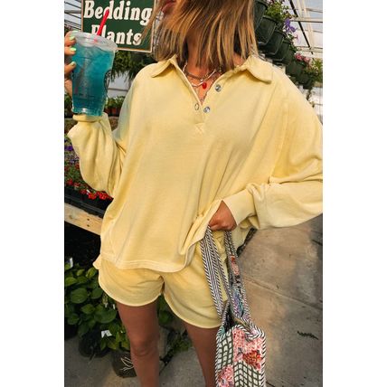 Yellow Cream Button Collar Drop Shoulder Pullover and Shorts 2pcs Outfit