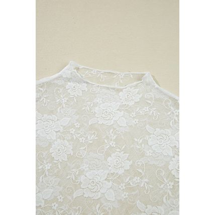White Sheer Floral Lace Mesh Mock Neck Long Sleeve Top