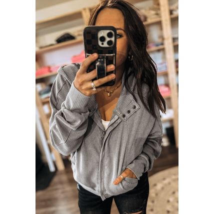 Gray Waffle Splicing Zip Up Front Button Hooded Jacket