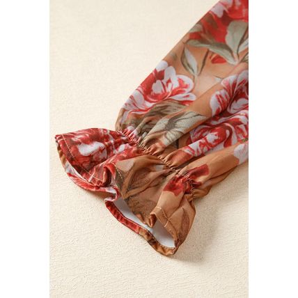 Brown Vintage Floral Print Shirt Style Half Button Long Sleeve Ruffle Mini Dress