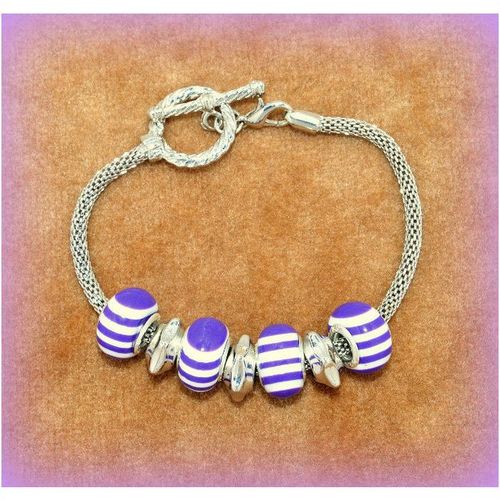Summer Gift Charm Euro Purple Bead Silver Tone Bracelet Bangle Jewellery 1691