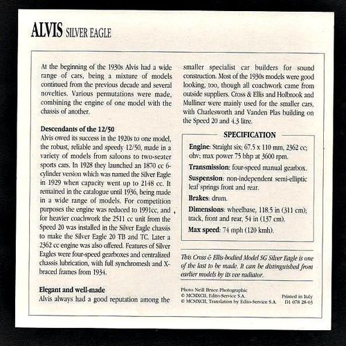 1929-1936 ALVIS SILVER EAGLE Classic Car Photograph and Information Maxi Card