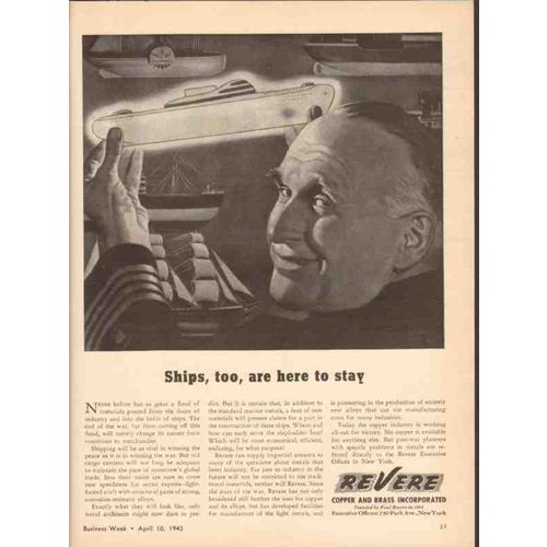 REVERE COPPER BRASS INC 1943 ships too are here to stay WW2 vintage ad